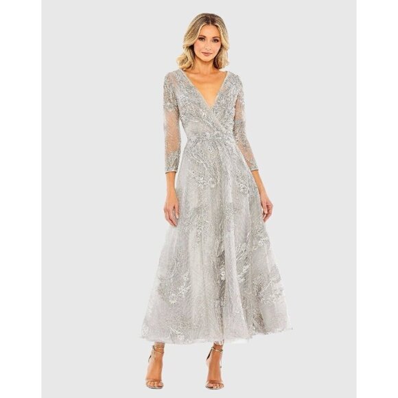 MAC DUGGAL SIZE  20 Gray EMBELLISHED WRAP 3/4 SLEEVE Cocktail Formal DRESS NWT - Picture 1 of 10